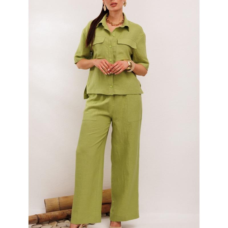 BITCED Women's Fashion Casual Short Sleeve POLO Neck  Pants Suits