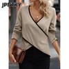 JPNTKY Women's Fashion Casual Solid Color Print Long Sleeve V Neck Blouses & Shirts