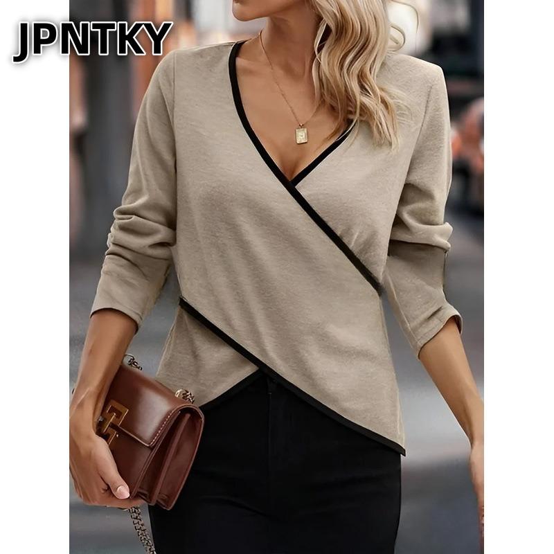 JPNTKY Moda Donna Casual Stampa Colore Unico Manica Lunga Scollo a V Camicette & Camicie