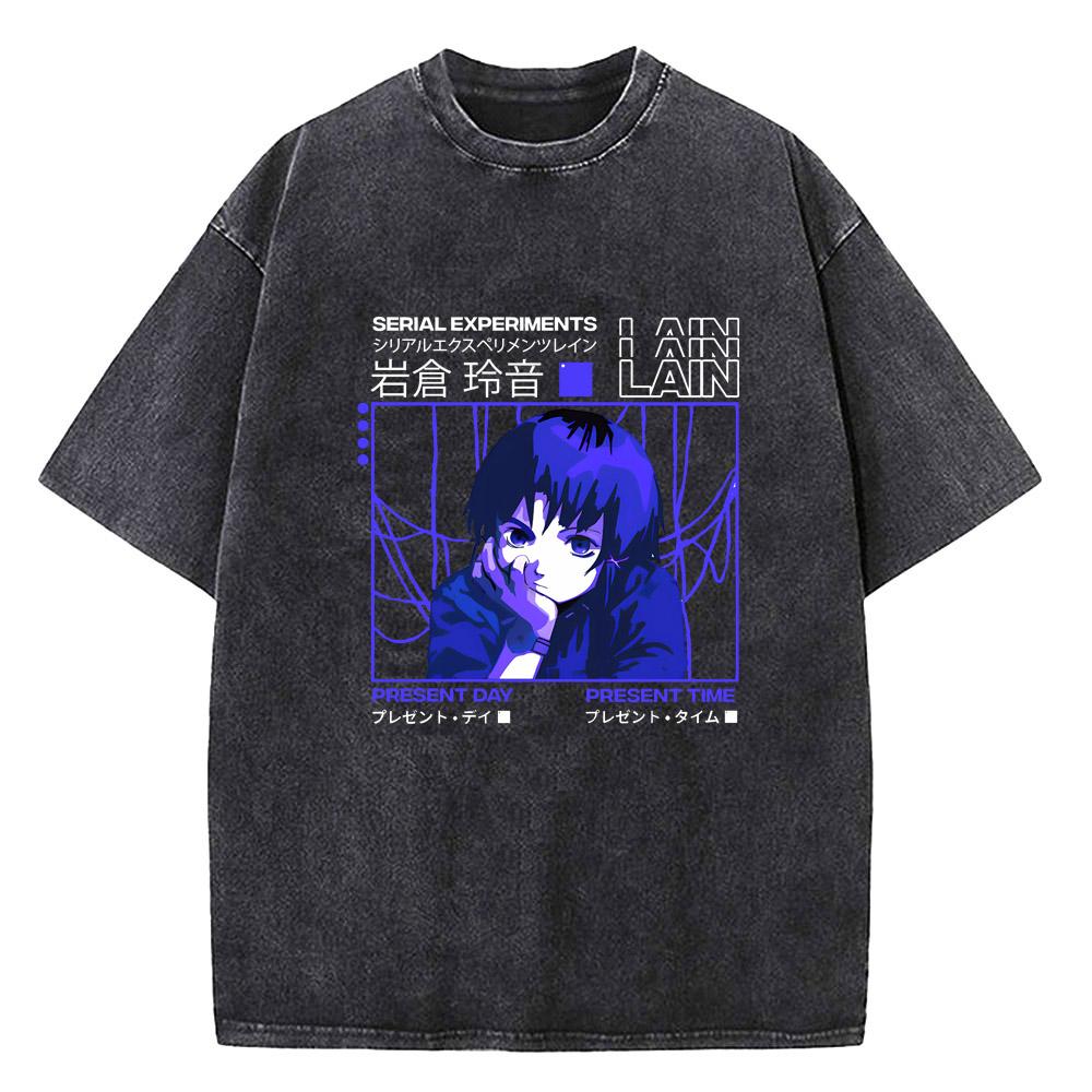 Japanese Anime Serial Experiments Lain Vintage Washed T Shirt Men High Quality Cotton Manga Short Sleeve Fashion T Shirt Women