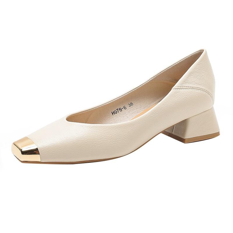 H976-6 Low-heeled Single Shoes Women's New French Commuter Metal Square Head Soft Leather Women's High Heels Grandma Shoes Sheepskin Pad