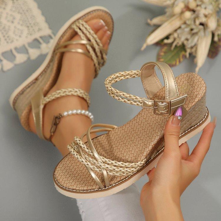 Large Size High Heels Summer New Retro Platform Wedge Heel Woven Thin Strap Open-toed Sandals Women