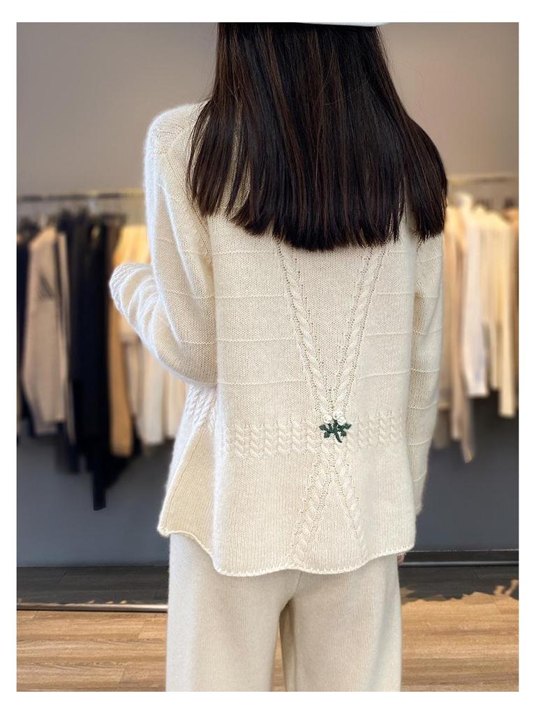Korean Style High-Design Embroidered Wool Cardigan, Crew Neck, Long Sleeve Knitwear for Spring & Autumn