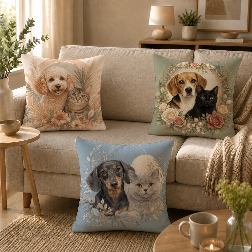 art heartwarming pet portraits surrounded by flowers Cushion Cover Soft Short Plush SkinFriendly Cushion Case MultiScene Use