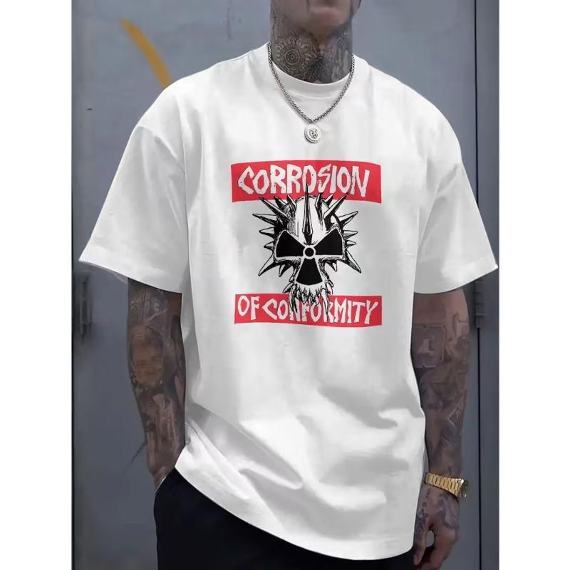 

European sizes Men s Graphic T-Shirt - Black with Red and White Skull and Lightning Print, Round Neck Casual Short Sleeve Music Festival Summer Wear 4XL