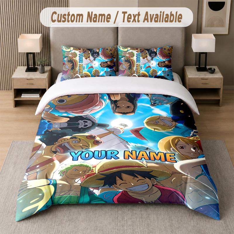 One Piece 3Pcs Bedding Set, Personalized Custom Name Text, 1 Duvet Cover & 2 Pillowcases For Bedroom