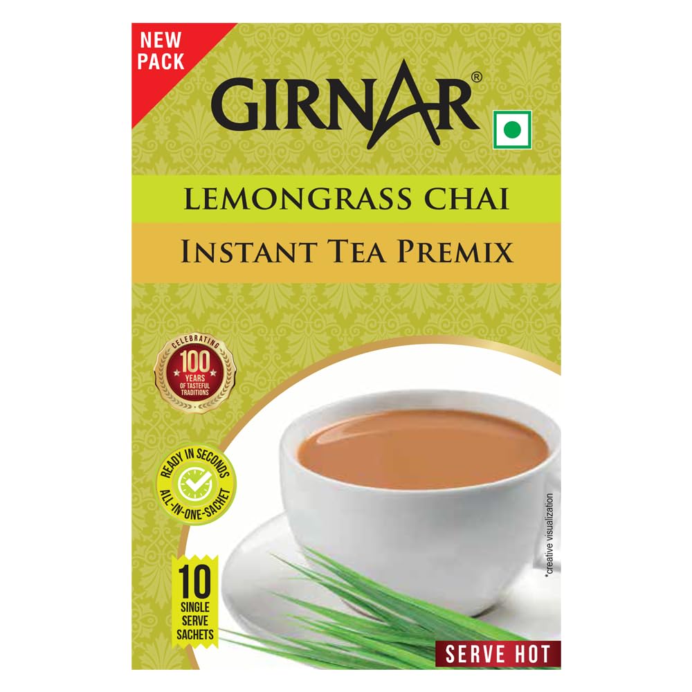 Girnar Instant Premix Lemongrass Chai Tea 10 Sachets Vegetarian Ready-To-Drink Beverage