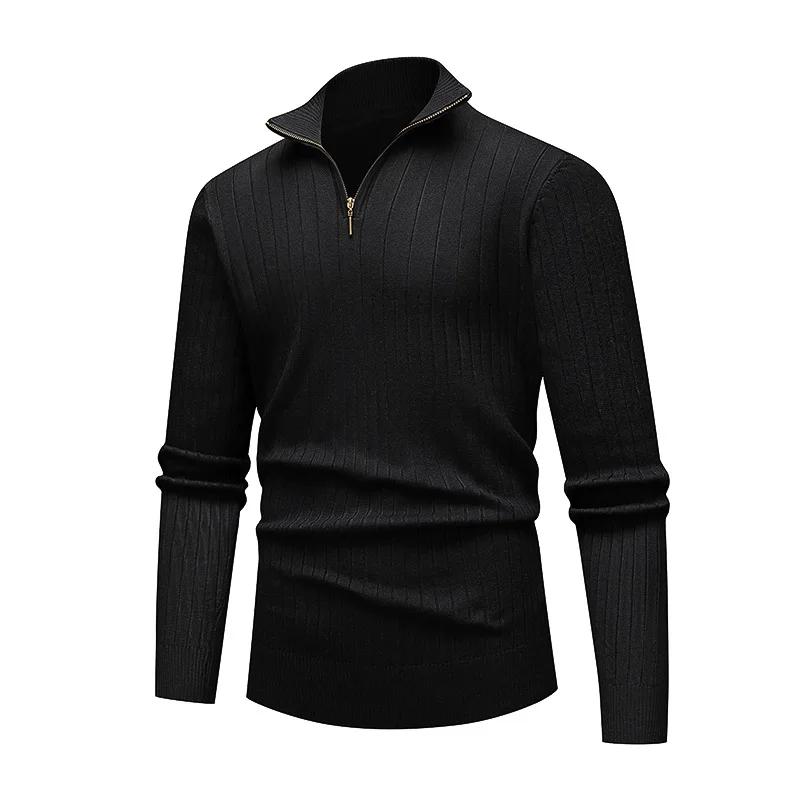 

Men Stand Collar Sweater Long-Sleeved Vertical Striped Half-Zip Base Layer Knitted Sweater for Autumn and Winter L чорний