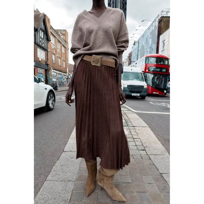 Za Autumn New Arrivals Women's Clothing Zr European and American Style Belted Suede Effect Pleated Midi Skirt 3046252 711