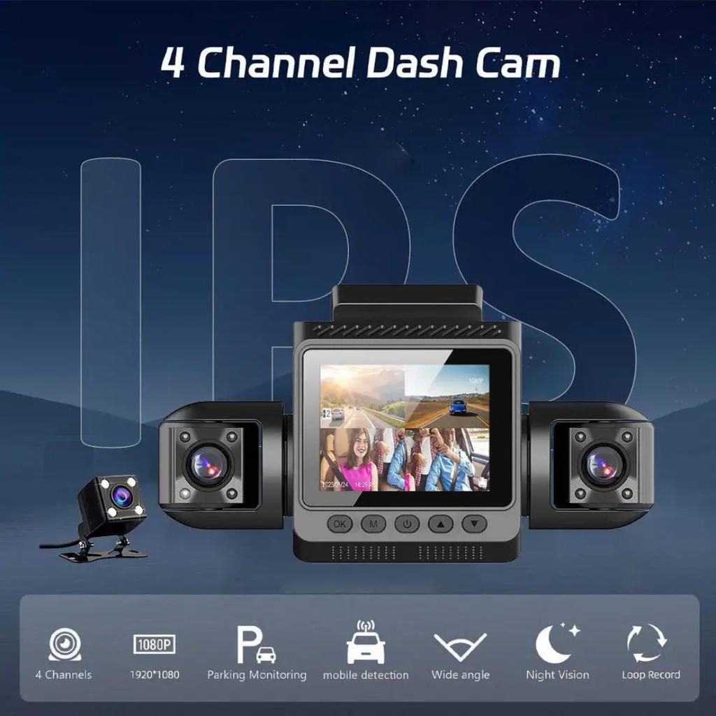 4-Channel Dash Cam, Front, Rear & Inside, 1080P Car Camera, Night Vision, G-Sensor, Driving Video Recorder