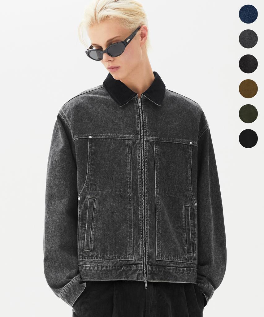 TRILLION Corduroy Collar Denim Zip-Up Work Jacket_6 Colors