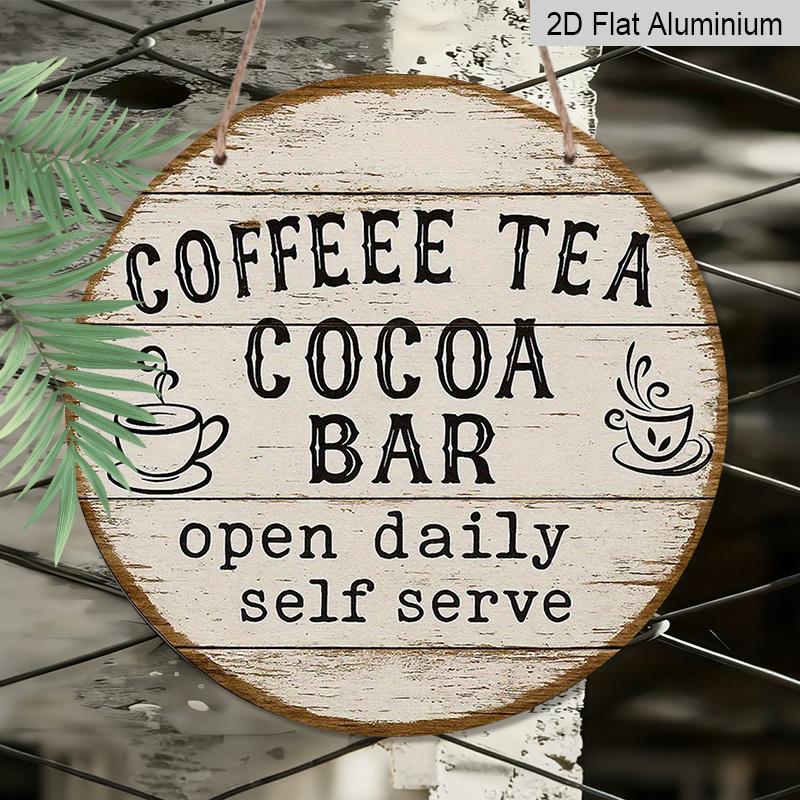 2D Flat, 1pc 7.87x7.87 Inch Round French Aluminum Sign, Vintage Decorative Plaque for "Coffee Tea Cocoa Bar", "Coffee Bar" Decorative Sign, Suitable