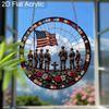 2D Flat Acrylic Memorial Day Suncatcher, 7.87in Round Window Hanging Decor, Soldier Silhouette American Flag Patriotic Ornament