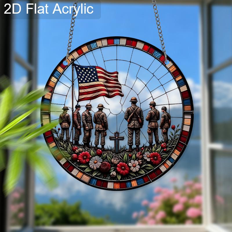 2D Flat Acrylic Memorial Day Suncatcher, 7.87in Round Window Hanging Decor, Soldier Silhouette American Flag Patriotic Ornament
