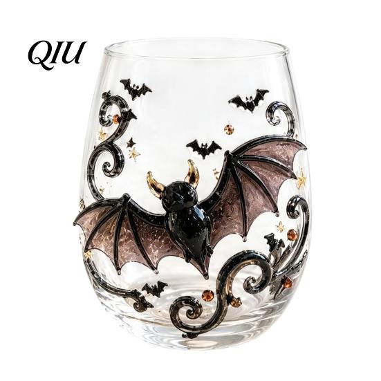 Totenkopf Design Dekorative Tasse Halloween Handwerkskunst Glaswaren, Fledermaus/Zaubererhut/Vogelscheuche/Krähe Handbemalter Kelch, 420ml Bleifreies Transparentes Glas