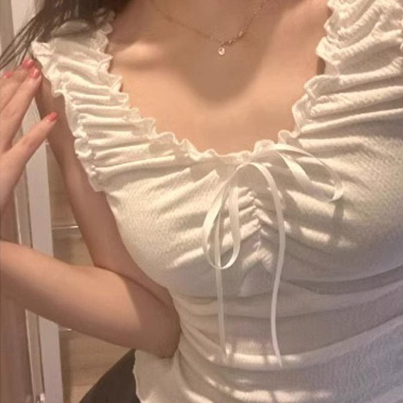 Sweet wind splicing fungus edge vest women's spring and summer age reduction slim fit with short suspender top