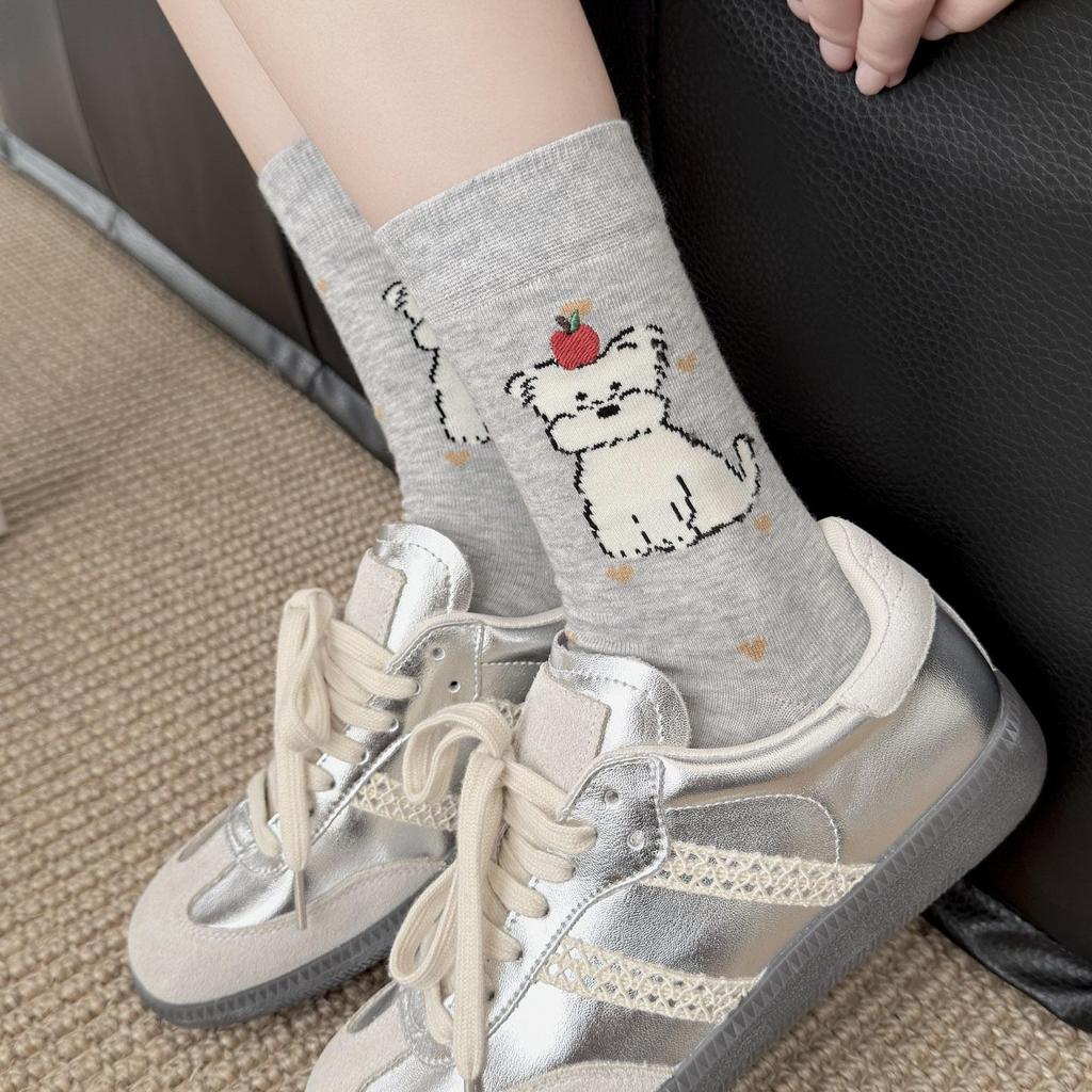 Kawaii 2026 Women's Mid-Calf Cartoon Puppy Cotton Socks - Cute Japanese/Korean Style for Spring/Summer