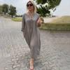 Women Dress V Neck Button Decor Long Sleeve Loose Solid Color Plus Size Mid-calf Length Simple Style Commute Daily Wear Midi Dress