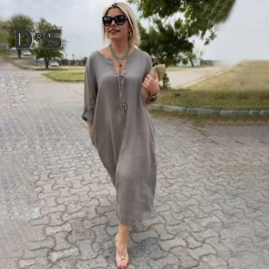 Women Dress V Neck Button Decor Long Sleeve Loose Solid Color Plus Size Mid-calf Length Simple Style Commute Daily Wear Midi Dress