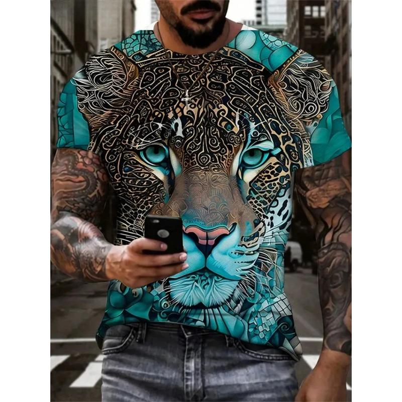 Men's T-shirt Men's Fashion Leopard Print Animal Print Casual Short Sleeved Round Neck T-shirt Loose Top