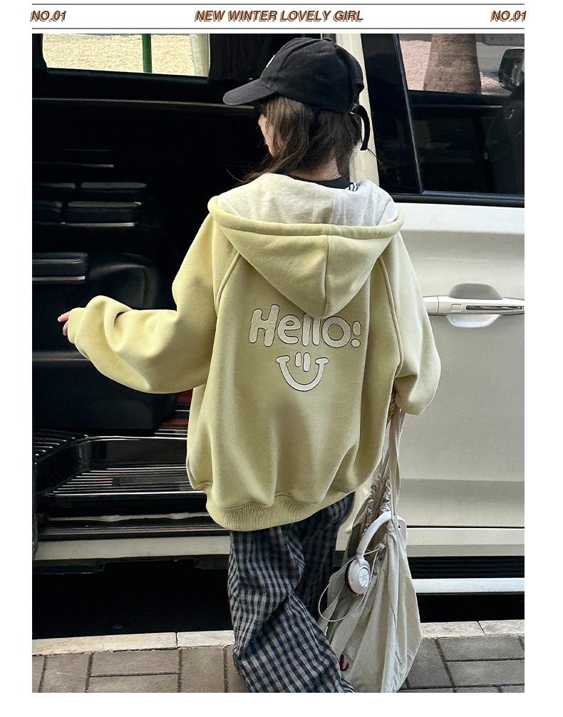 Girls' Alpaca Wool Fleece-Lined Jacket - Korean Casual Style, Hooded, Thick & Warm for Autumn/Winter