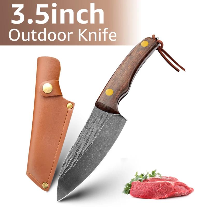 3.5inch Kitchen Knife Full Tang Thickened Knife High Carbon Steel Forged Butcher Knives Meat Cleaver Boning Knife Wooden Handle