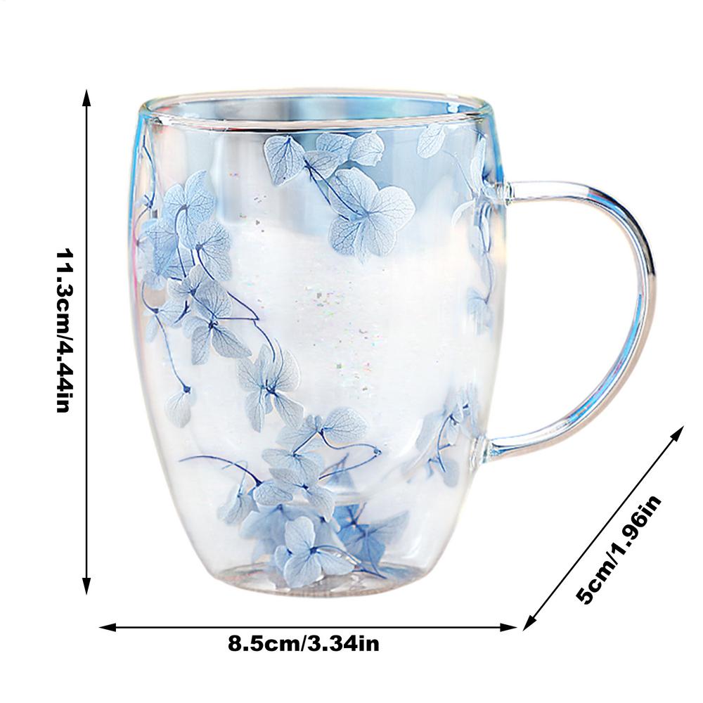 Insulated Layer Flowers Coffee Cup Ergonomic Handle Anti-Scald Glass Mugs Coffee Mug Built-in Dried Flowers double layer glass 350ml