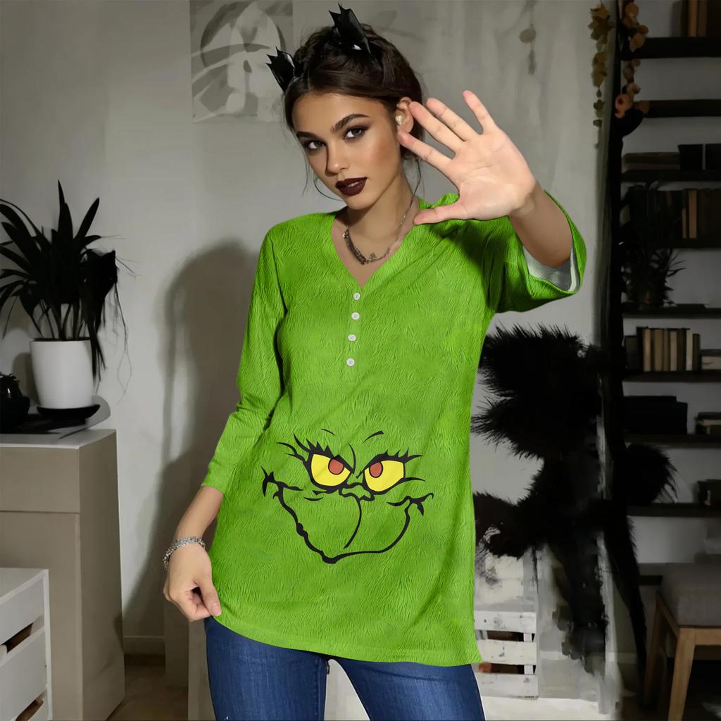 Women's Casual Fashion Sexy Comfortable Christmas Print V-Neck Button Three-quarter Sleeve Top