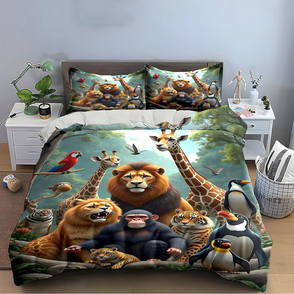 Vivid Jungle Animals Print Bedding Duvet Cover Set  (1*Duvet Cover 2*Pillowcases, Without Duvet Insert)
