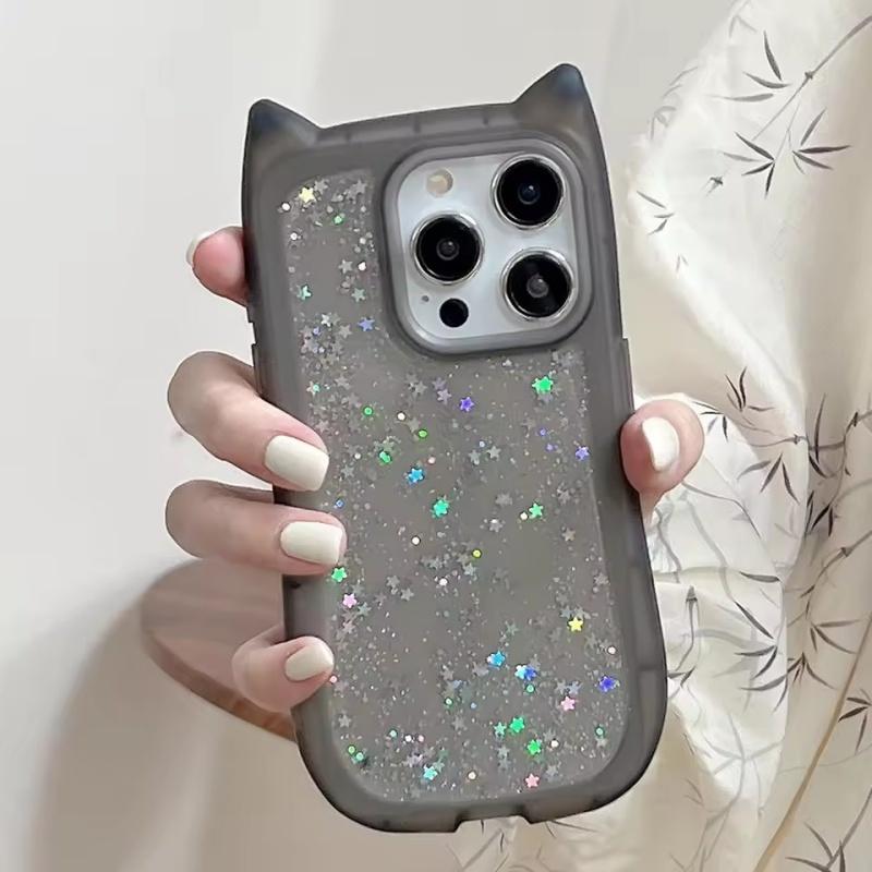 Sött tecknat kattöron glitter paljetter transparent skal för iPhone 16 15 Plus 14 Pro Max 13 12 11 mjukt silikon stötsäkert skydd