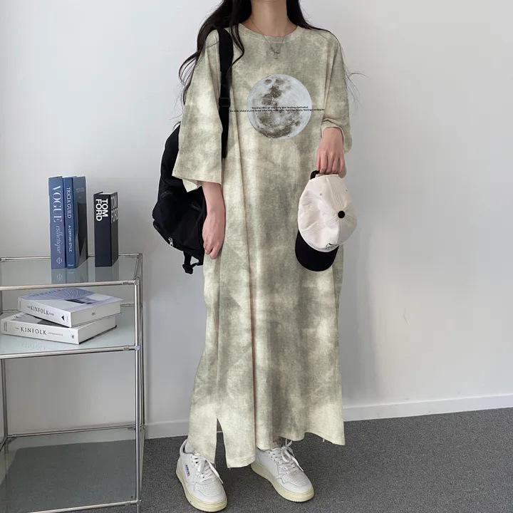 

Женское платье-футболка средней длины с коротким рукавом и круглым вырезом, тай-дай - Коллекция весна/лето 2024, модное и универсальное. L хаки