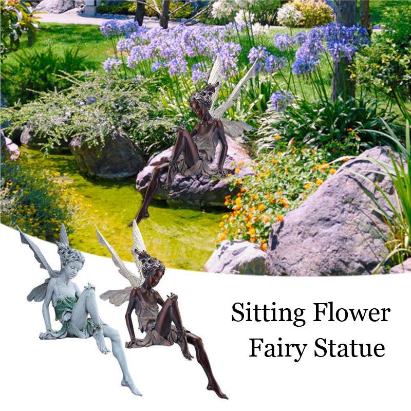 Flower Fairy Resin Statue Decoration Outdoor Garden Angel Girl Sitting Figurines Sculpture Craft Landscaping Yard Art Ornament