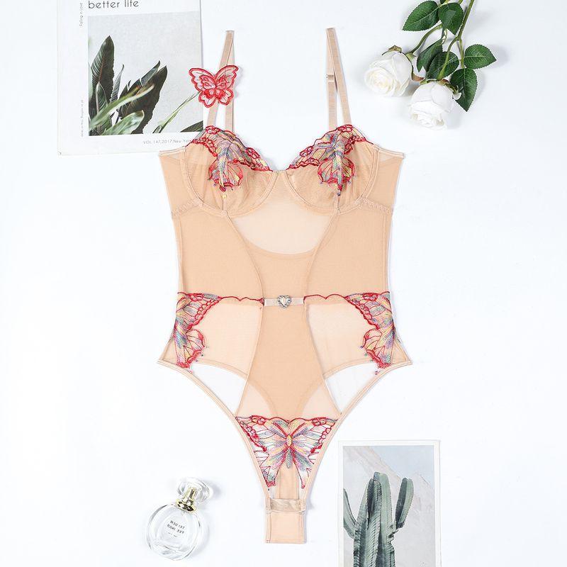 

Outfitgirl Удобный комбинезон с открытым концом Женский Легкий Прозрачный Сетчатый Комбинезон с вышивкой бабочек Приталенный Комбинезон Apricot color S