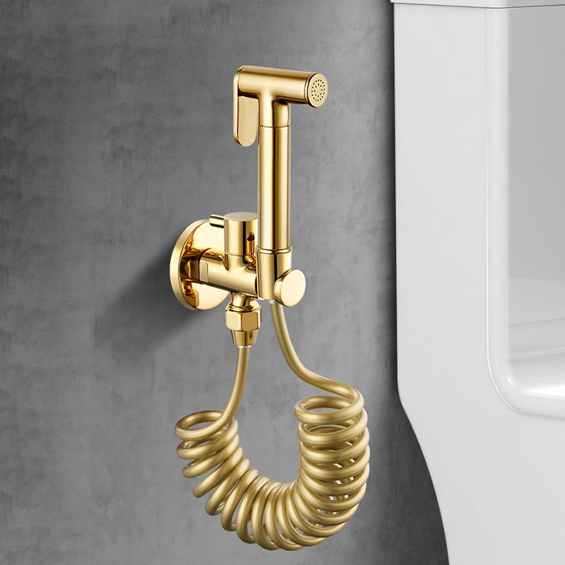 Brushed Gold Solid Brass Bidet Sprayer Set Handheld Shattaf Muslim Toilet Shower Wall Mounted Eco-Friendly Hygiene Faucet Spring