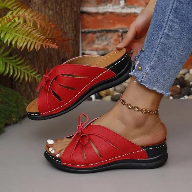 Fashion Women Bow Wedges Slippers Platform High Heels Shoes Summer Beach Flip Flops Female New Fashion Sandals Casual Slides Big Size 43