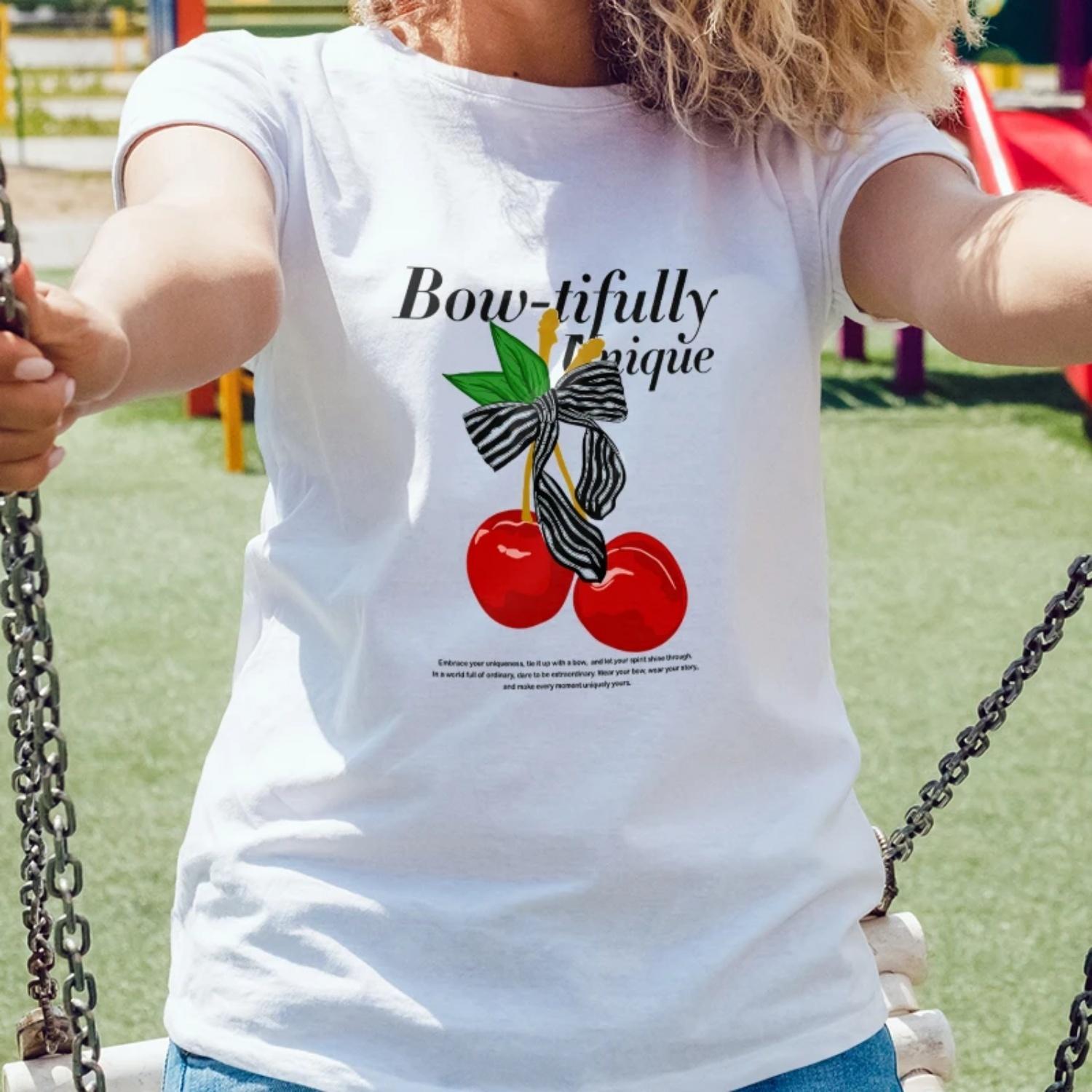 Повседневная Белая Футболка с Принтом Вишни Bow-tifully Unique Весна Лето 2025 Новый Модный Тренд Женская S