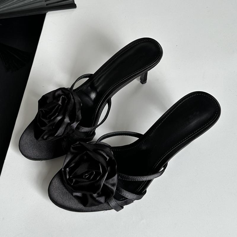 Eilyken Summer Flower Woman Slippers Thin Low Heels Narrow Band Party Stripper Ladies Mules Slides Zapatos Mujer