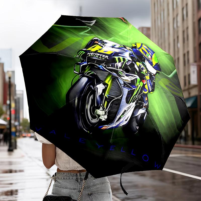 Rider Speeding Through Neon Light Automatic Folding Umbrella - 8-Rib Travel Umbrella with Auto Portable Case, Ideal Gift for Birthdays
