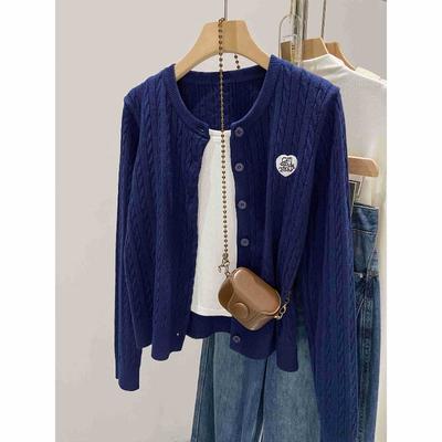 Navy Blue College Twist Embroidered Knitted Sweater Cardigan Women's Autumn Soft Waxy Versatile Single-breasted Top Jacket