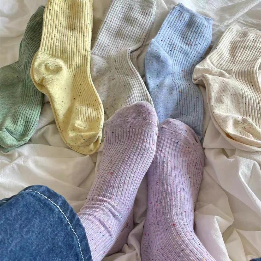 6 Pairs Women Light Colored Mid Tube Socks Fashionable Thin Stripes Colorful Dots Soft Comfortable Sweat Absorbing Casual Socks