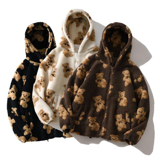 Women Winter Coat Plush Thermal Outwear Stylish Casual Bear Print Lady for Travel