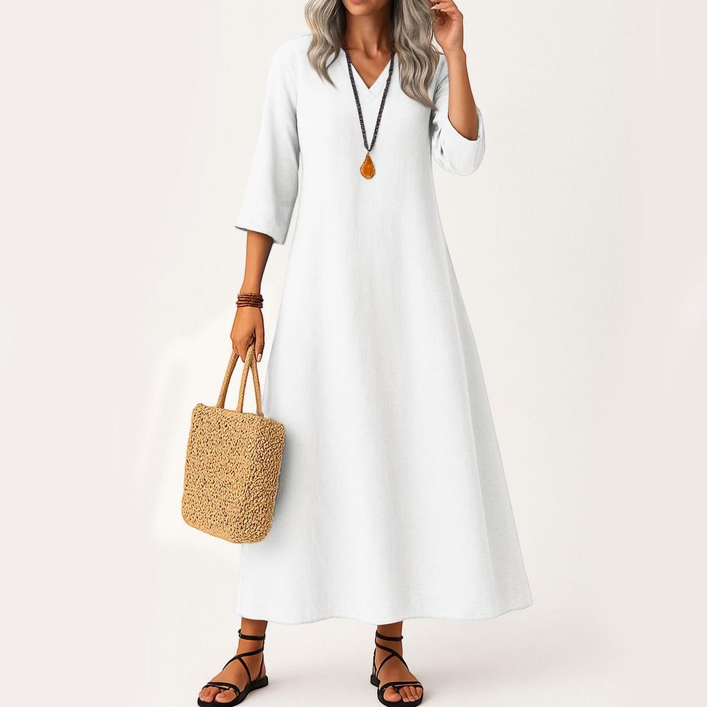 Dress For Women Long Boho Beach Dress Elegant Maxi Dress V-Neck 3/4 Sleeve Dress With Pockets