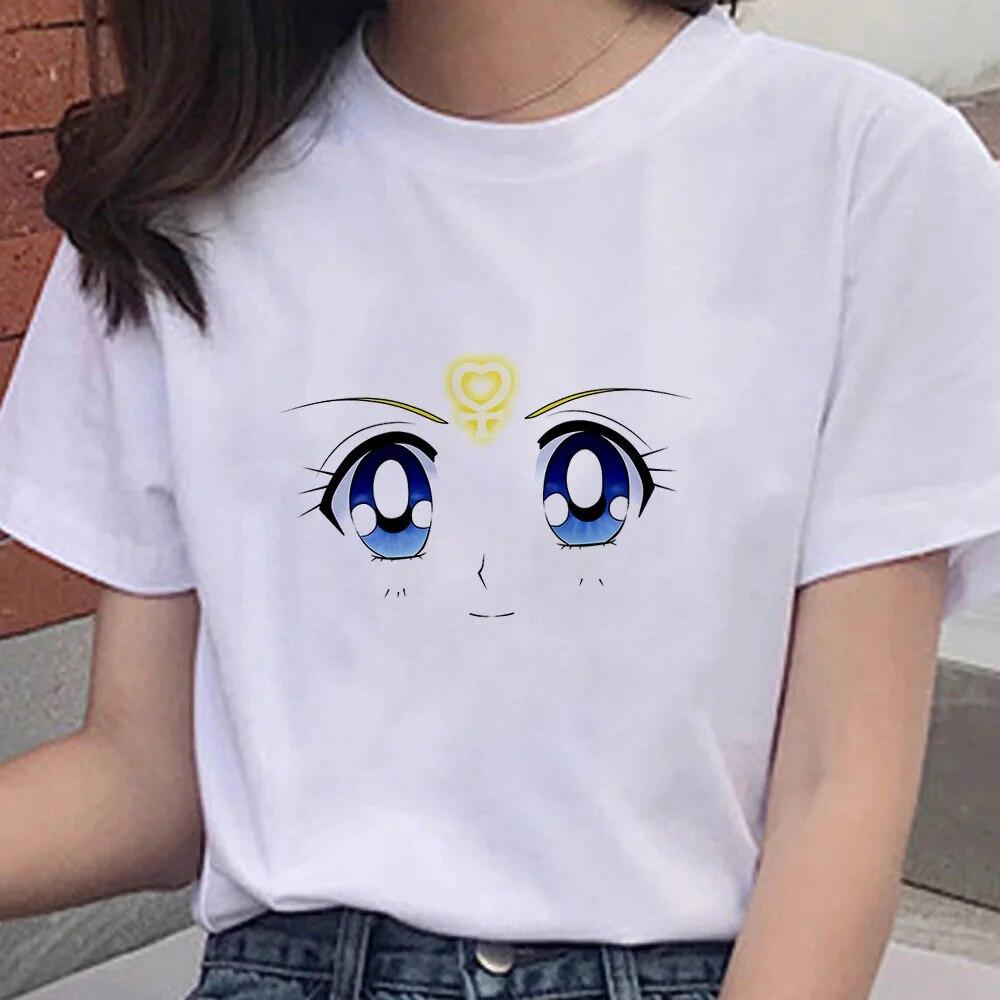 Cartoon Anime Sailor Graphic Moon Print 100 % Baumwolle T-Shirt Mode Goth Girl Kleidung Kurzarm Übergroßes Unisex Frauen T-Shirt Unisex