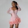 CY901011 European and American Hot Diamond Bubble Bead Dress Short Skirt Women, Fashionable Long-sleeved Square Collar