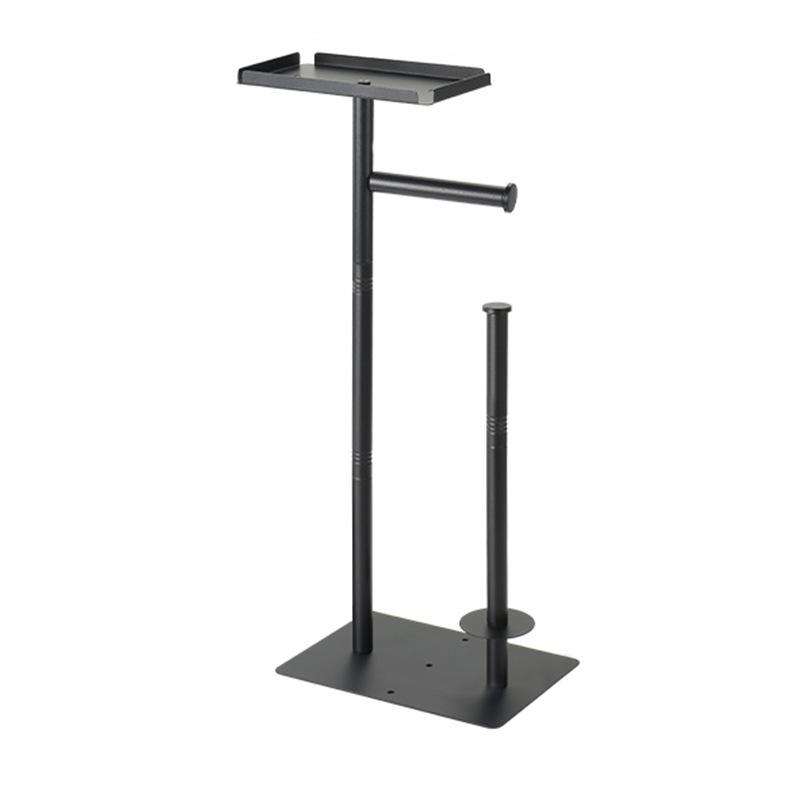 Floor-standing Bathroom Shelf with Tissue Roll Holder, Toilet Brush, and Storage for Perfume and Shower Gel.