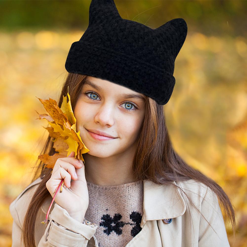 Woman Knitted Cat Ear Little Devil Hat Fashion Handmade Ears Beanie Warm Woman Horn Knit Devil Q4E6