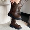 Winter Street Style Thick Heel Women Knight Boots Fashion Slip On Party Dress Shoes Ladies Concise Leather Mid Calf Booties