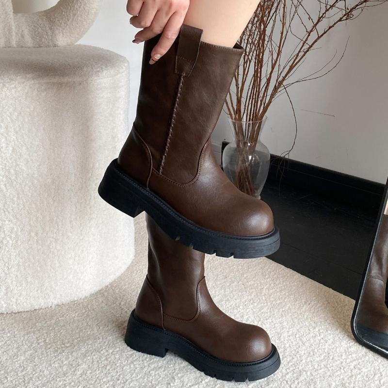 Winter Street Style Thick Heel Women Knight Boots Fashion Slip On Party Dress Shoes Ladies Concise Leather Mid Calf Booties