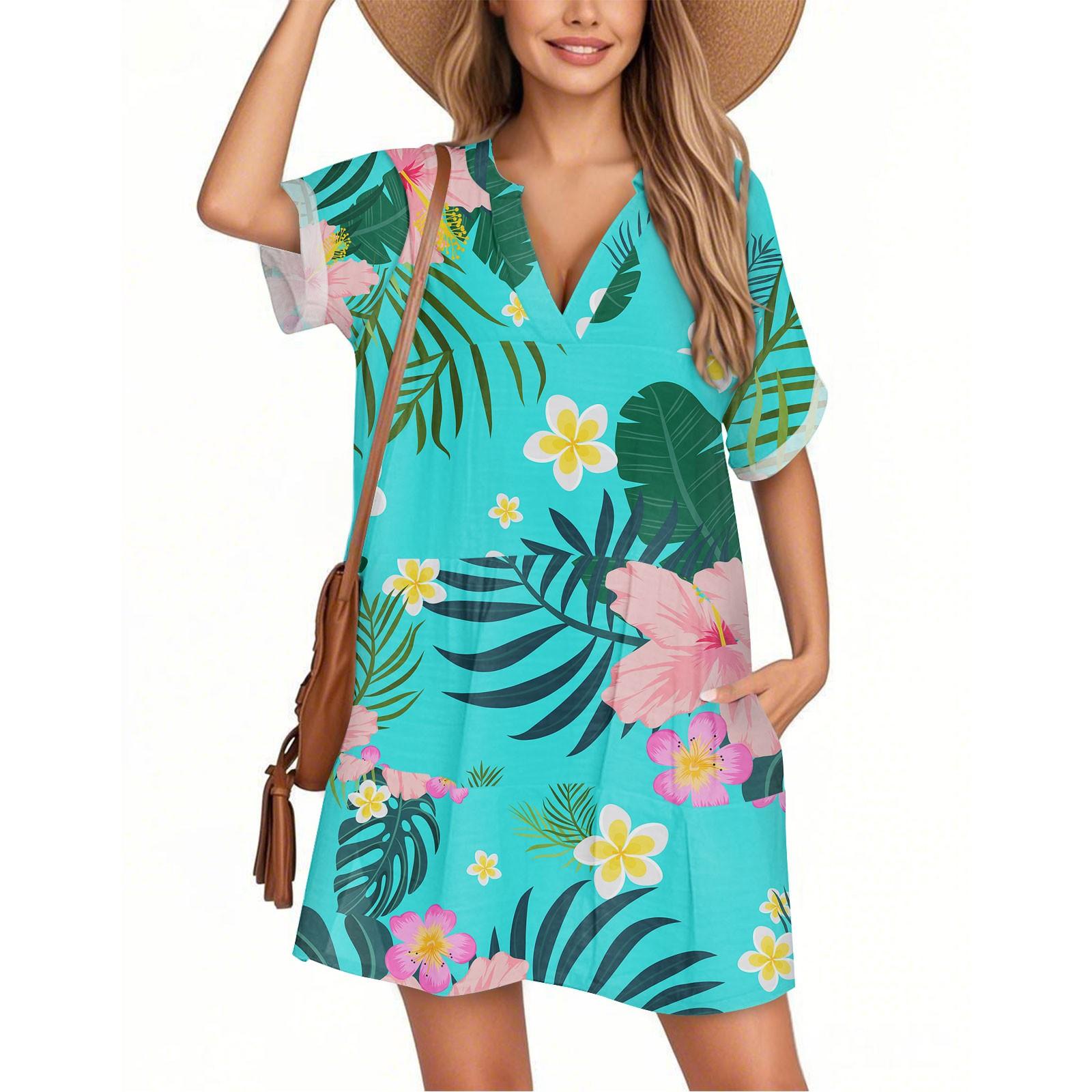 

Women s Fashion Smock Hawaiian Floral Casual Short Sleeve V-neck T-shirt Dress Holiday Beach Dress M ціан