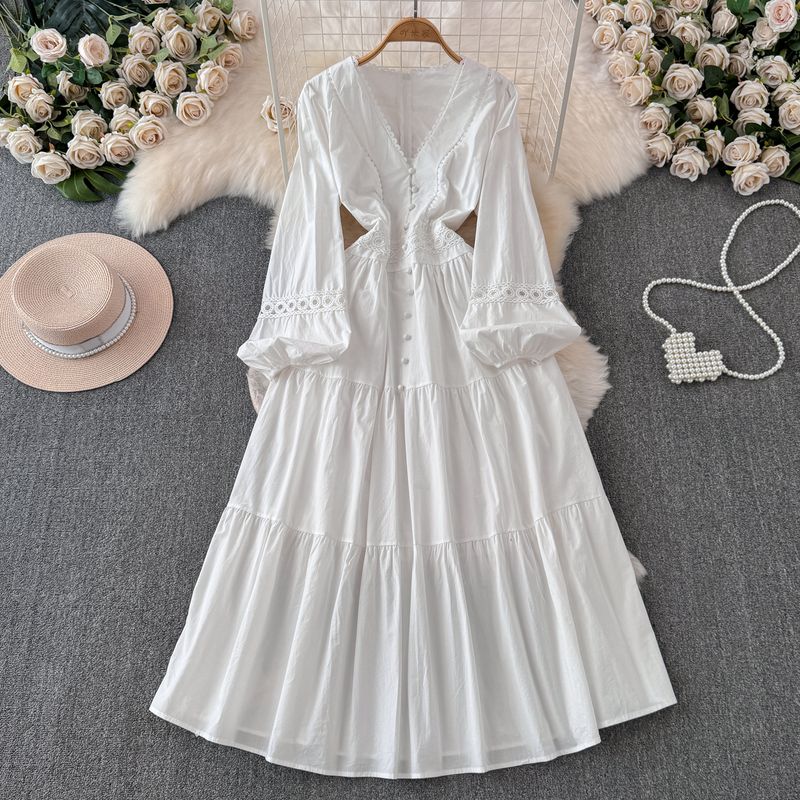 

Summer White Lace Dress French Seaside Holiday Beach Dress Yunnan Wear to Ankle Sun Protection Dress for Women White M